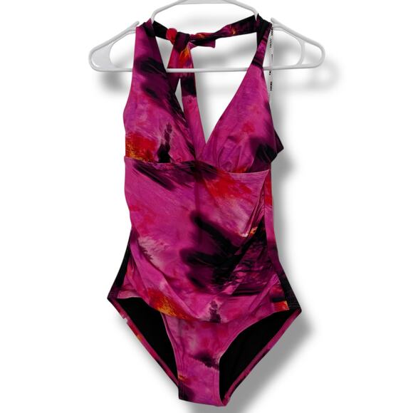 NEW DKNY Pink and Black One Piece Swimsuit Size Small Halter Tie Plunge NWT - Picture 4 of 9